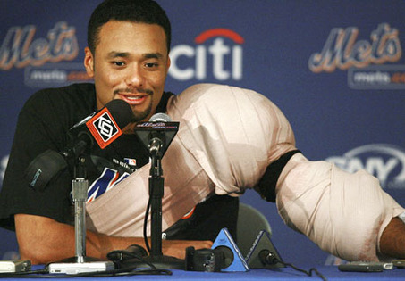 Johan Santana is just another cautionary tale of why it is hard for teams to invest money long - term on Starting Pitching, There are just far too many ways for hurlers to be injured in comparison to Roster Players. The Mets will just have to bide time until 2014 when the team can finally take the former Cy Young winner of the teams payroll book. Johan Santana signed a 6 YR/$137.5 MIL deal with the Mets