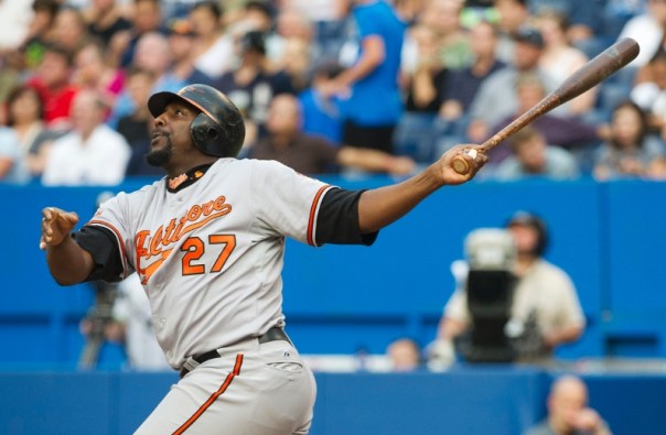Orioles' Guerrero watches his home run against the Blue Jays during their MLB American League baseball game in Toronto