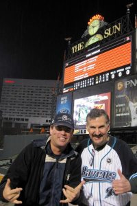 Roger Ratzenberger (Right) attended 4 games with Chuck Booth on his record journey as is also a featured ball park chaser in his book "The Fastest 30 Ball Games." Here they are at Camden Yards on April.28/2012
