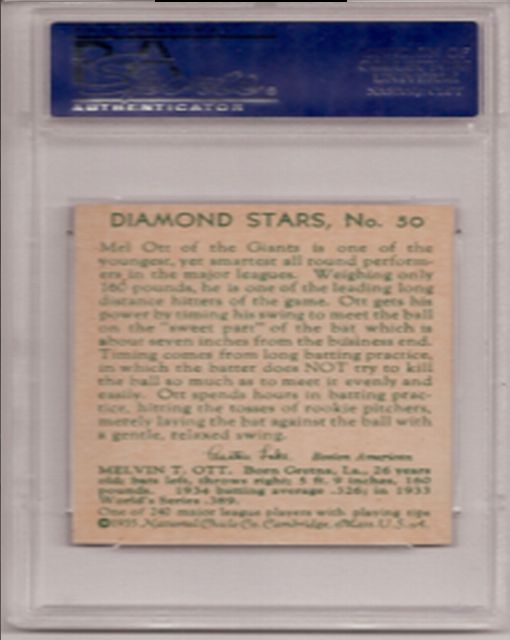 Back of the Mel Ott Card - Diamond Stars Series 1935
