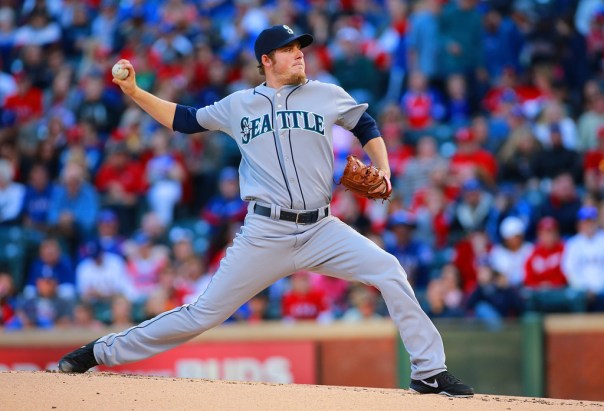 randon Maurer delivers a pitch against Texas.  The 6 FT 5, 215 LBS Right Handed Pitcher had progressed mighty fast through the Seattle Minor League System - featuring a 21 - 18 Career Record with a 3.57 ERA and a WHIP of 1.237.  Last year for Jackson Mississippi  in the Southern Atlantic, he was 9 - 2 in 24 Games Started, yielding an impressive 3.20 ERA.  He definitely earned a spot in the Mariners Starting Rotation.  The man from Newport Beach, CA was lit up in his first 2 Starts, putting up a collective 16.20 ERA in back to back Starts to Oakland and Houston.  He has since settled down and may give club a quality back end of the Rotation Pitcher.