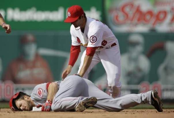 Chris Heisey diving into second after a double in the Reds 13-4 win against the Cardinals. All Reds fans are hoping he can produce enough in Ludwick's absence. If he can do that look for the Reds to stay atop the standings in the Central.