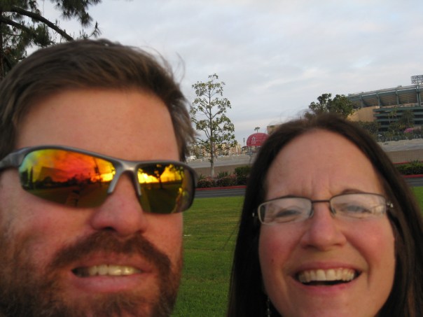 Chuck and Cat at Angel Stadium after driving all night from San Francisco