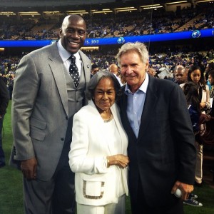 Dodgers' part owner Magic Johnson, Rachel Robinson and '42' star Harrison Ford during the Dodgers' Jackie Robinson Day pre-game celebration on April 15, 2013. Every year on Apr.15th. the whole league honors Robinson by having their players all wear #42