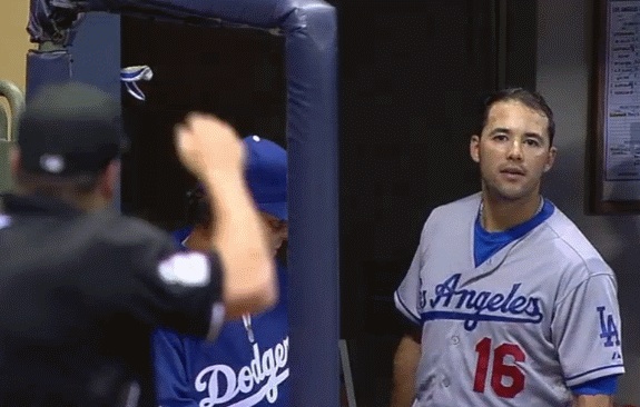 Andre Ethier gives the umpire a dead stare after being ejected from the game for arguing balls and strikes with the umpire. The Dodgers went on to lose that game to the Milwaukee Brewers 5-2.