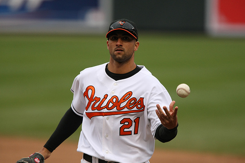 Markakis contract could potentially end after 2014, with a $17.5 MIL Option. The O's could decline it...or... the team could exercise, yet Markakis has a right to refuse the option and choose FA. He helped out his cause a little as part of the O's sweeping a twin bill from the Pirates, the Baltimore OF hit a HR in both games. They were his 1st 2 RoundTrippers of the campaign. Markakis has 3 Slashed .306/.367/.417 - with 33 Hits and 15 Runs Scored through the teams 1st 26 Games Played.