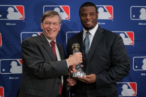 (L-R) MLB commissioner Bud Selig presents the Commissioner?s Historic Achievement Award to Ken Griffey Jr. prior to Game Four of the MLB World Series between the St. Louis Cardinals and the Texas Rangers at Rangers Ballpark in Arlington on October 23, 2011 in Arlington, Texas.