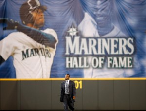 Former Mariners great, Ken Griffey Jr. walks in from center field as he is introduced during a ceremony inducting him into the Seattle Mariners Hall of Fame prior to the game against the Milwaukee Brewers at Safeco Field on August 10, 2013 in Seattle, Washington.