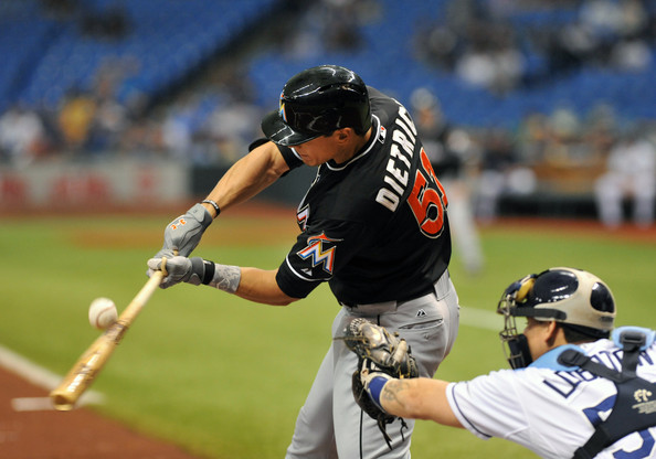 Derek Dietrich is among 5 guys for the Marlins that are making contributions to the big team as part of the assets acquired in the 2012 winter trade of the Marlins and the Blue Jays. Desclafini and Alvarez in the rotation currently, and Hechavarria is playing 2B. Dietrich was traded from Tampa to Miami for Yunel Escobar (who came over in the deal as well) and Backup Catcher Jeff Mathis. The team also has Jake Marisnick and Justin Nicolino in the Minors Marisnick played in 40 games for the fish last year. Blue Jays have just Buehrle and Reyes left. John Buck was considered a minor part of the RA Dickey deal too.
