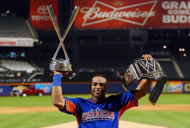 Yoenis Cespedes became just the 2nd player to win back to back titles in the M:B HR Derby Last Night. By winning his 2nd title, he also joins Prince Fielder and the aforementioned Griffey, as the only three guys to win multiple titles. At just age 28, and with that swing, you have to think he has a chance to eclipse everyone and take down a few more of these HR Derby Trophy's. It was funny to see him with the HR Derby Trophy in one hand - and a makeshift WWE heavyweight champion belt in his other. Cespedes belted 30 HRs over the course of his 4 Rounds, to blow away the competition.