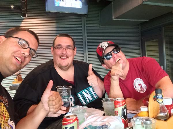Scott Bultman JR. on the left, Kenneth A. Lee in the middle and I am on the right - all enjoying $6 Tecate Beers in the Hit it Here Cafe at Safeco Field Monday Aug.24, 2015