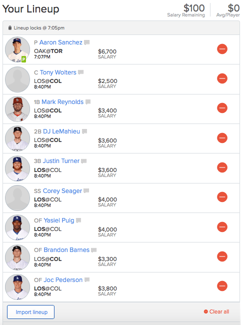 FanDuel Sample Lineup 4-22-16